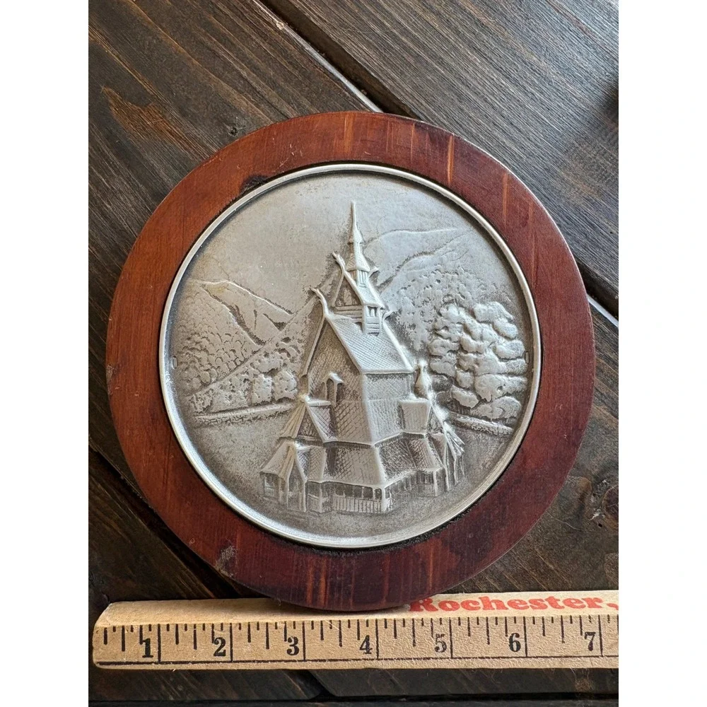 Vintage Hardanger Sylvplett Norway Stave Church Silverplate Wood Wall Plaque